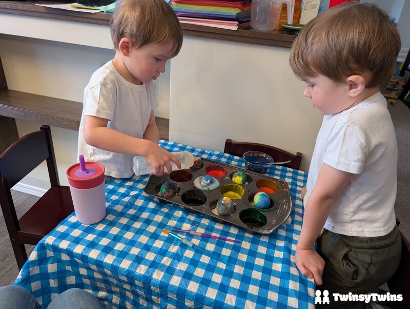 Dyeing Easter Eggs Twin Toddlers Doing Vinegar Wash On Eggs